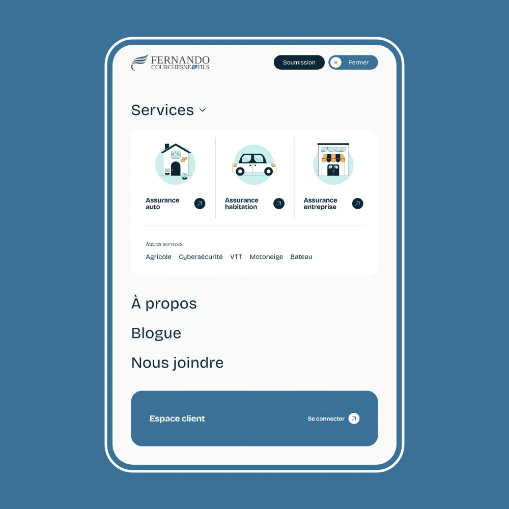 Menu mobile du site web de Fernando Courchesne & Fils